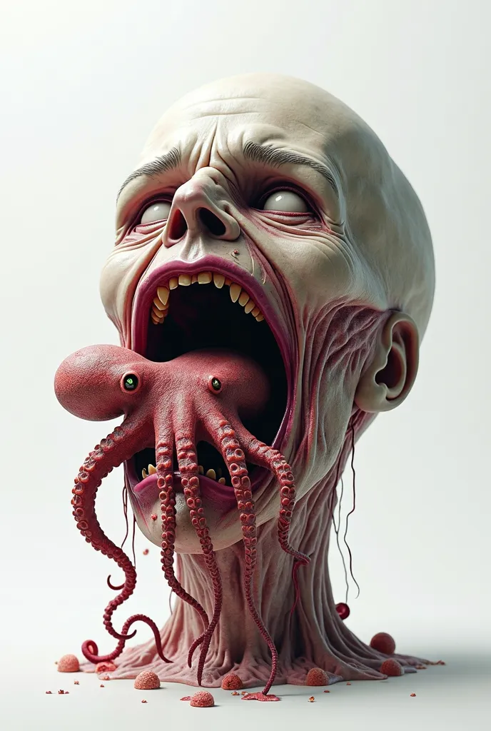 decapitated human head, mouth open, octopus coming out, octopus head peeking, white background