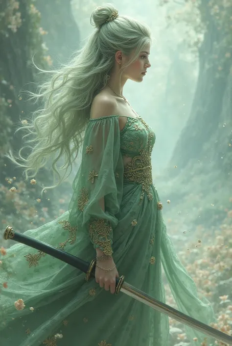 A girl with light green hair wearing a dress wearing a katana