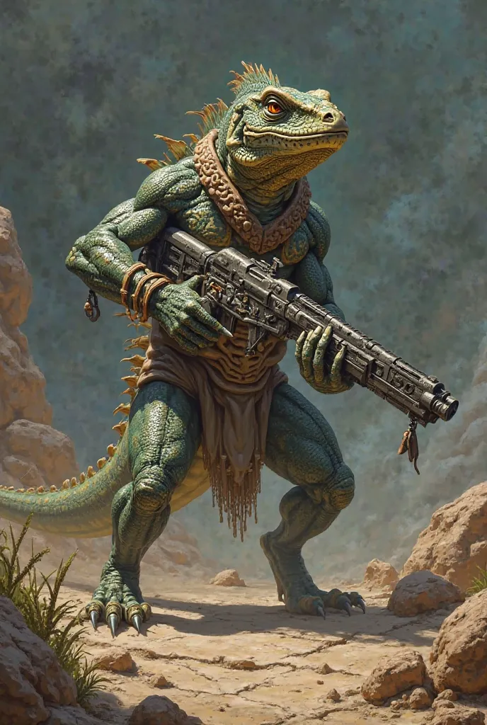 Draw me a fighting lizard armed with a gun 