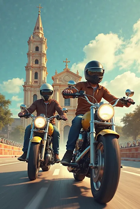 Brown couple with helmets on motorcycles and the Congregação Cristo do Brasil church behind 