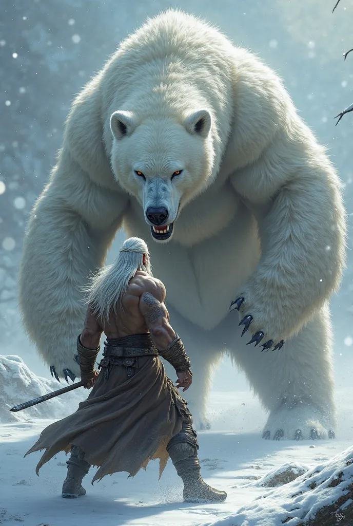 Create a man with white hair and blue eyes fighting a white bear 