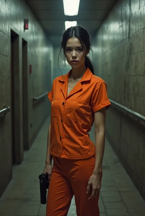 a girl in an orange inmate's costume alone down the prison corridor holding a gun in her hand with a serious look