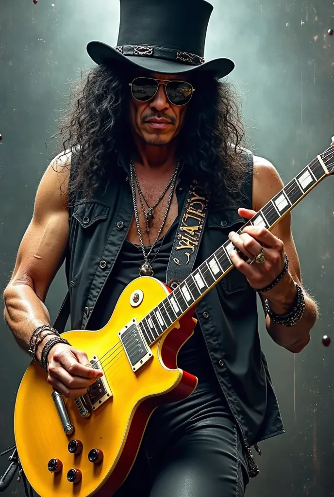 slash from guns'n'roses holds a yellow tram guitar