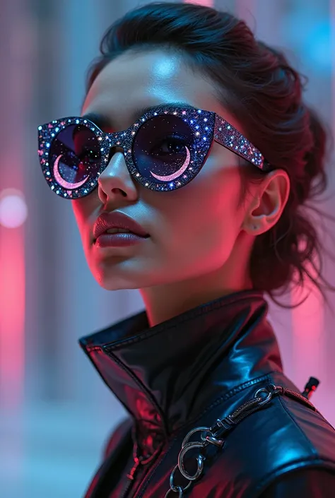  The model is wearing sunglasses with stars and the moon on the lenses