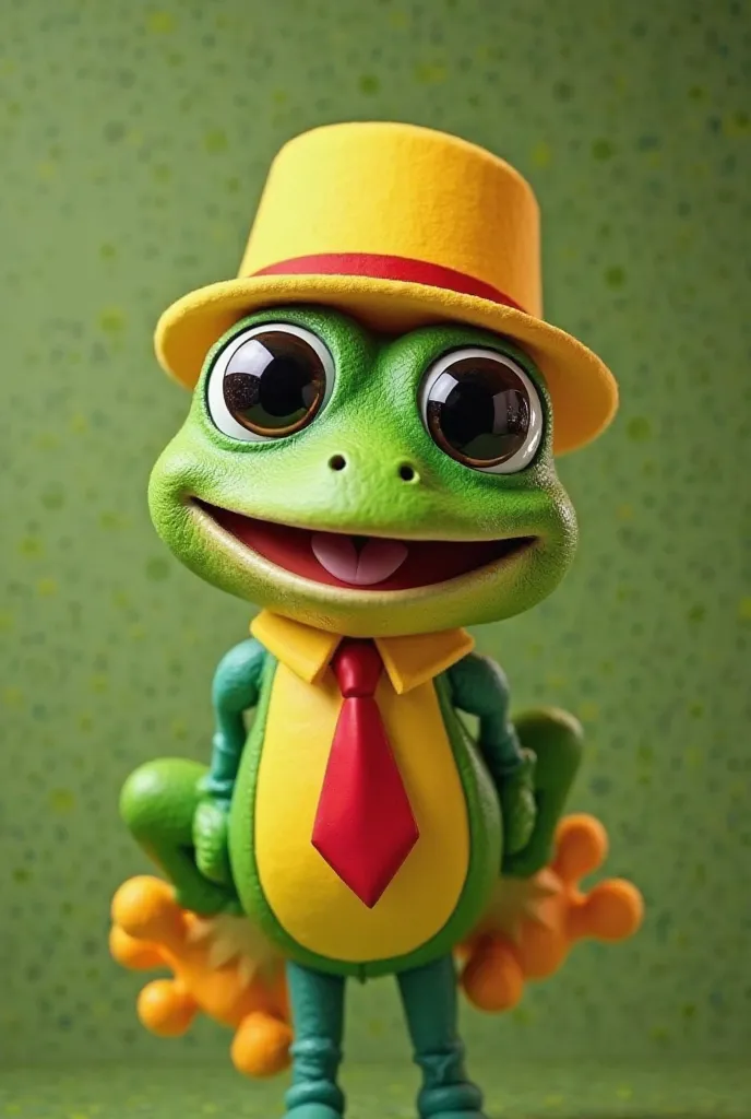 The bright green Lolo frog with a yellow belly.
Big and expressive eyes with big black pupils and a friendly glow. 
jumps. Large and smiling mouth capable of opening up big when you sing. 
A big red tie that moves with the wind when.
He is cheerful and ver...