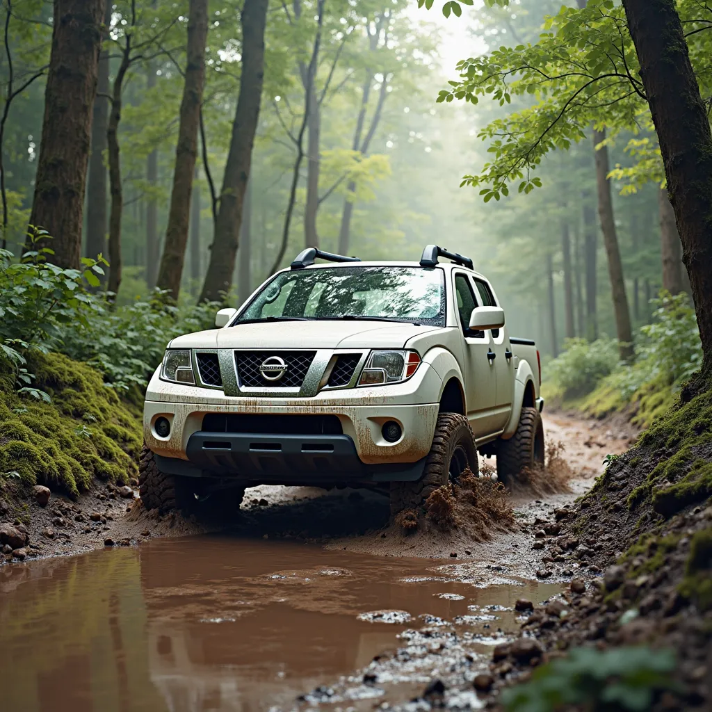 A white Nissan Frontier 2014 with raised suspension in a quagmire in the middle of the forest passing through mud, High quality picture