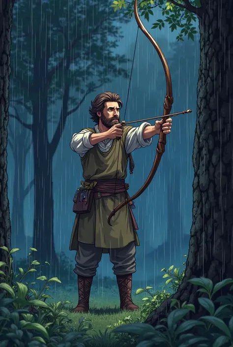 In the image it is a rainy night in a forest, Do you stand out a grown man with an unbearded beard, of short brown hair and blue eyes, strong, with a bow shooting a flex upwards from a tree, wearing a peasant outfit. anime style,  Shonen Jump-style illustr...