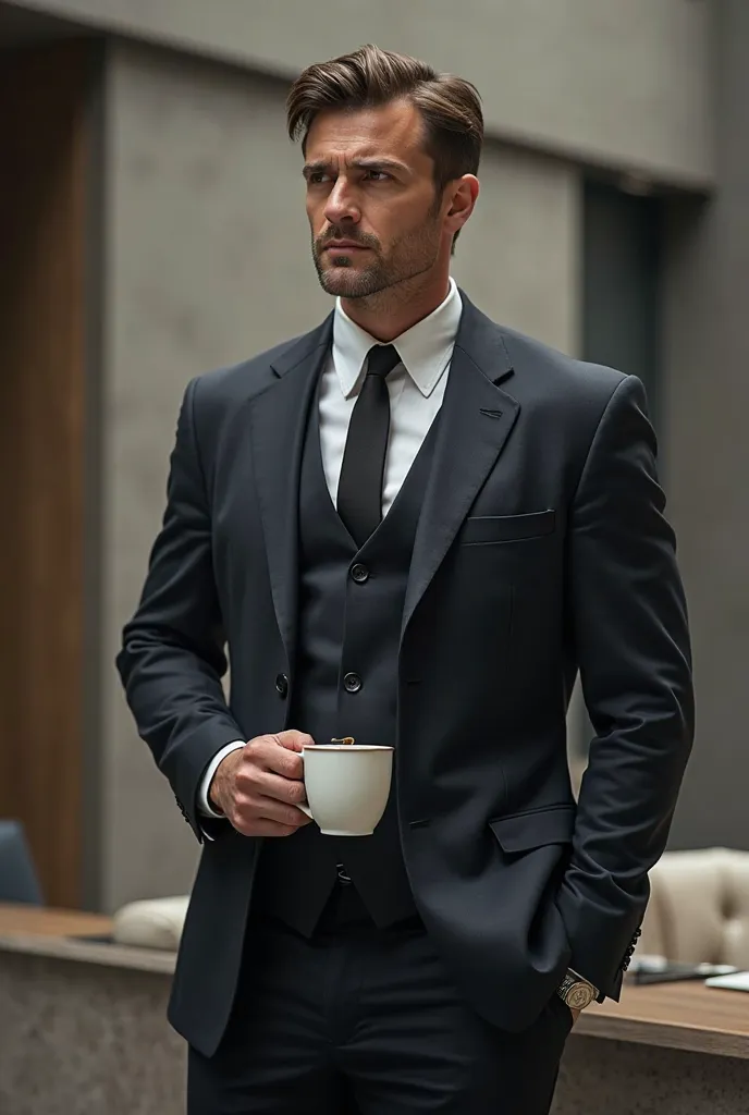 Create the image of a strong and serious man looking forward very realistic and in a suit holding a cup of coffee