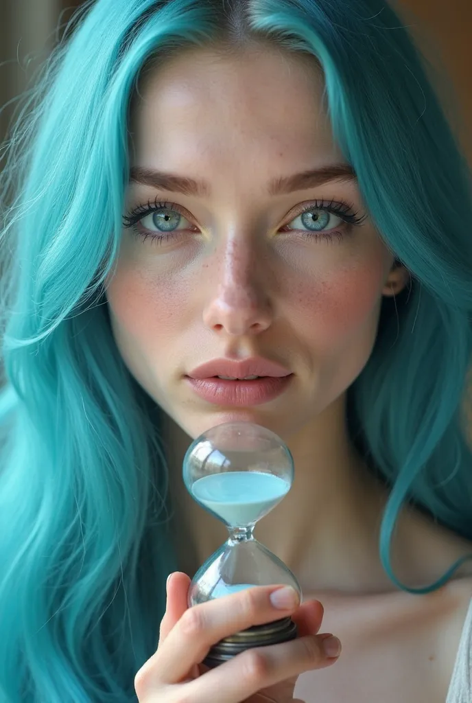 A woman with perfect jaws and a mature 18-year-old face with smooth and long turquoise blue hair, blue eyes slightly lighter than her hair and pale skin, along with rosy cheeks and nose, holding an hourglass in front of her face