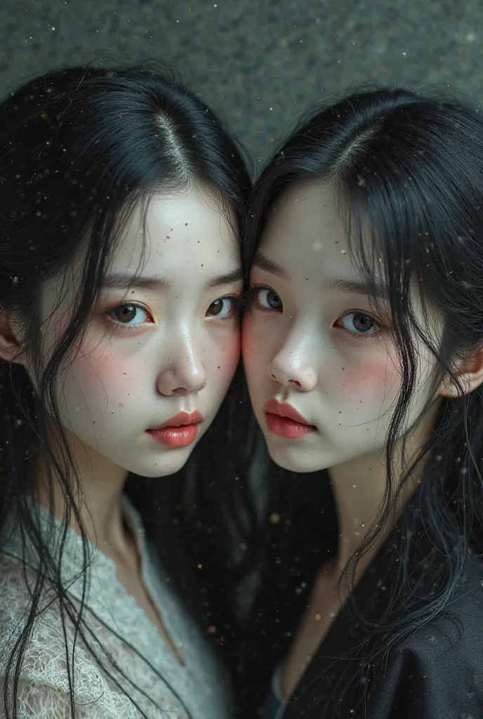 "A detailed portrait of two Chinese sisters with delicate and expressive features. The older sister has a pale, symmetrical face, with striking features and a penetrating gaze. Her eyes are large and slightly slanted, with dark, deep irises, as if they wer...