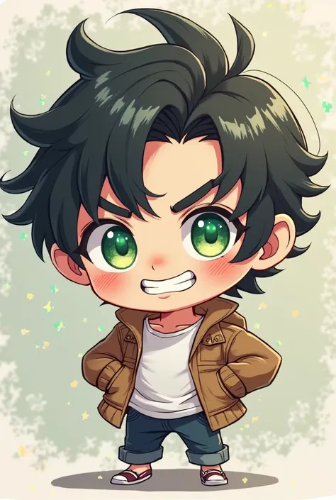 *"Chibi-style illustration of a male character with a striking and expressive design. He has slightly disheveled black hair with loose locks, keeping its youthful and rebellious air.  His eyes are big and bright , of an intense green color with a subtle su...