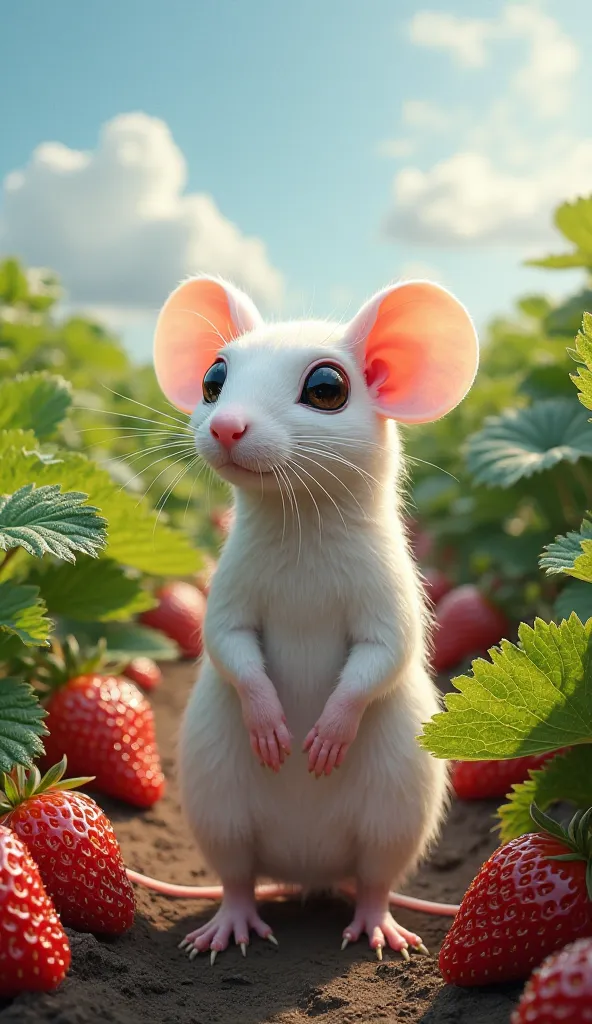 A massive, snow-white rat stands gracefully in the middle of a lush strawberry garden, surrounded by rows of vibrant red strawberries and deep green leaves. The rat’s fur is flawlessly smooth and shines under the warm sunlight, reflecting a soft glow. Ever...