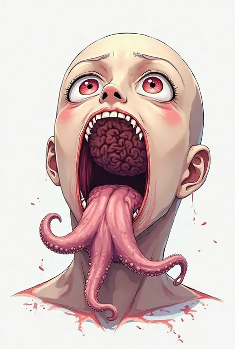 anime style, decapitated human head, mouth open, brain showing, octopus coming out pf mouth, eyes in mouth, white background