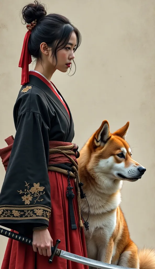 A samurai woman with a traditional Japanese look, with a black and red kimono with gold embroidery, he wears a katana sword in his hand, with the hilt resting slightly on the ground. His posture is serene but decisive, as if she were waiting for a signal t...