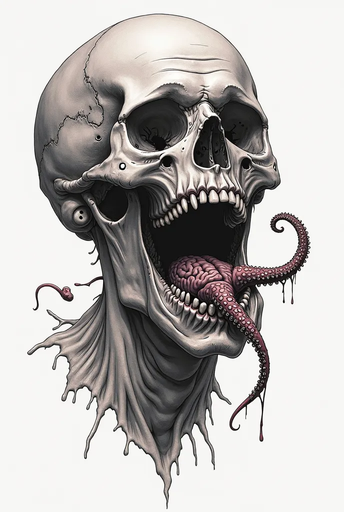 illustration, decapitated human head, mouth open, brain showing on head, octopus coming out pf mouth, eyes in mouth, white background