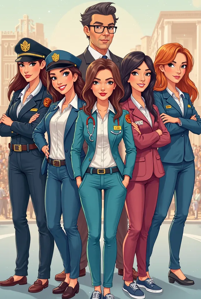 Female cop cartoon, female judge, Female lawyer , female astronaut, woman nurse, female doctor