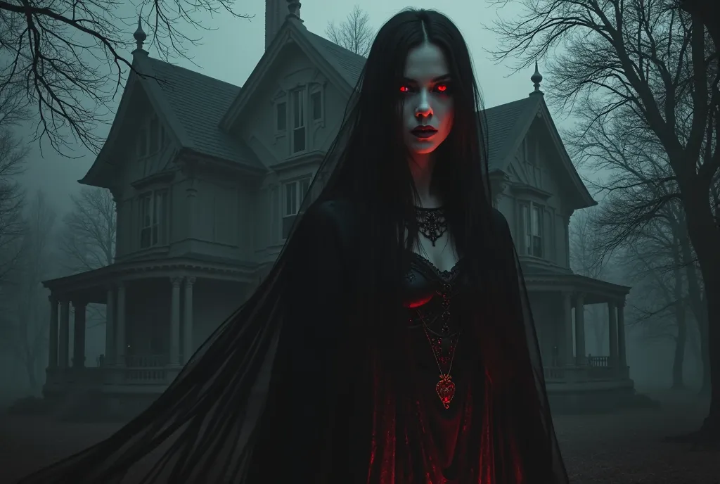 A beautiful and sexy vampire hidden in the shadows of a house in the middle of the night dark and macabre style