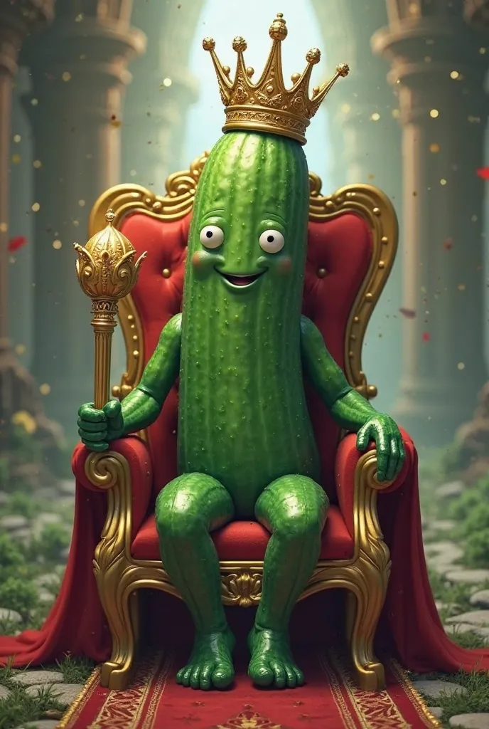 The cucumber has a crown on her head and is sitting on the throne of TikTok and has a scepter in her hand 