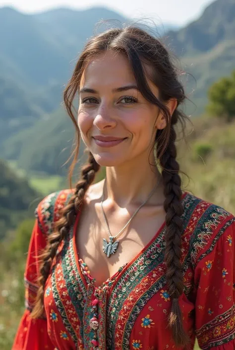 Here’s a thoughtful and respectful prompt for creating an image of an Albanian woman:

---

**Prompt:**  
"A proud and graceful Albanian woman standing against the backdrop of her homeland's lush mountains and vibrant countryside. She wears a traditional *...