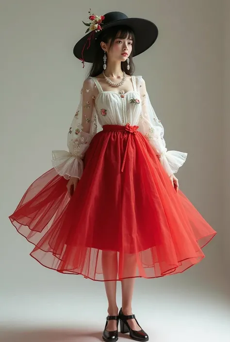 A full body model dressed in a white transparent flowered blouse, red knee-length skirt in the shape of a tutu,  Black Hat Sweater, the black shoes, the silver corn-shaped earring