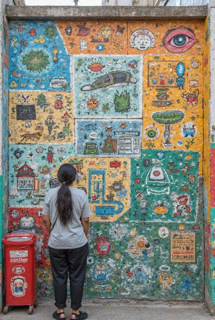 .-Create a mural  (ON A RECYCLED SHEET) where you capture informative content about recycling. 
You must use all your creativity to attract public attention, that doesn't look like it was created by AI 