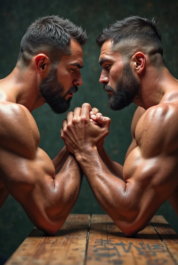 Two shirtless s arm wrestling 