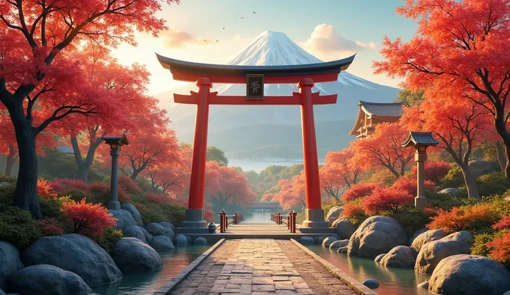 Pifcture of: A stunning, realistic Japanese landscape during autumn. A traditional red torii gate stands at the entrance of a peaceful shrine path, surrounded by vibrant maple trees with red, orange, and yellow leaves. A gentle stream flows beneath an anci...