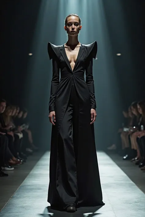 A model posing dramatically at the end of the catwalk, wearing an avant-garde Gucci design with exaggerated shoulders. The bold shadows add to the high-fashion atmosphere.