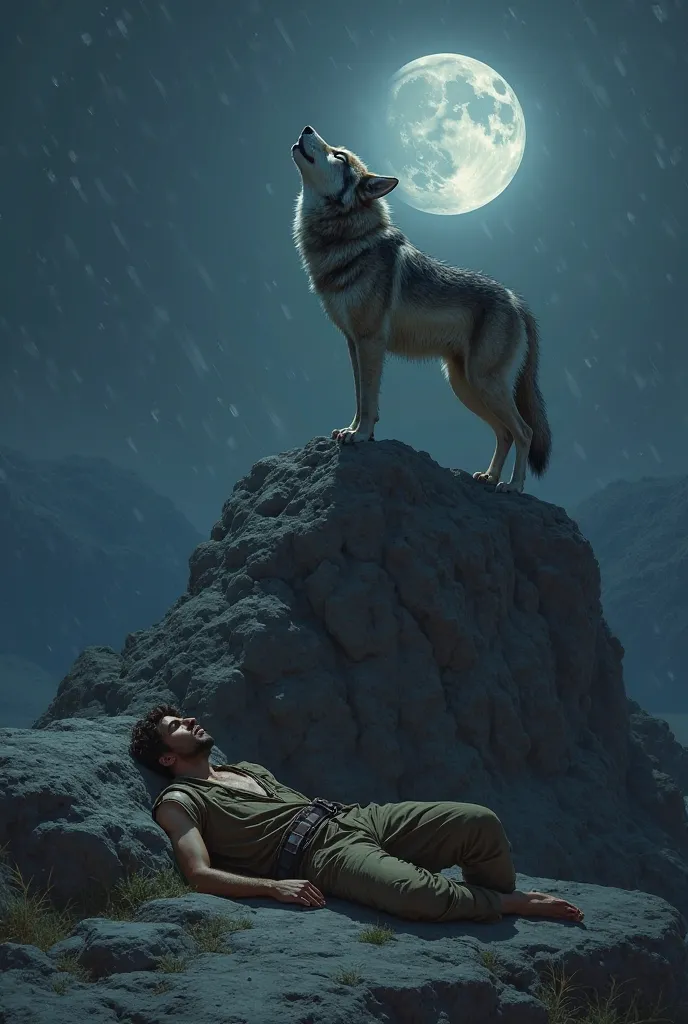 draw a man leaning onto a rock sleeping, and on top of the rock a wolf that is howling on a moonlight