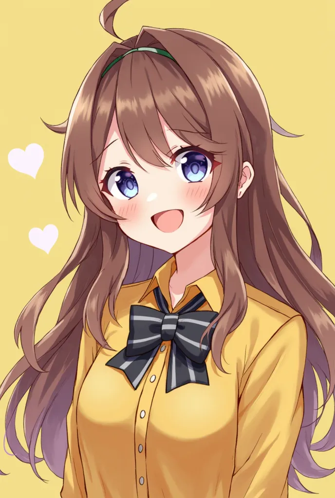 A 2d illustration of anime character, long brownie hairs, cute, blush and smile, portrait, wearing plain golden color shirt, with bow tie, black stripe on shirt, cheerful,2d illustration, 2d art, 