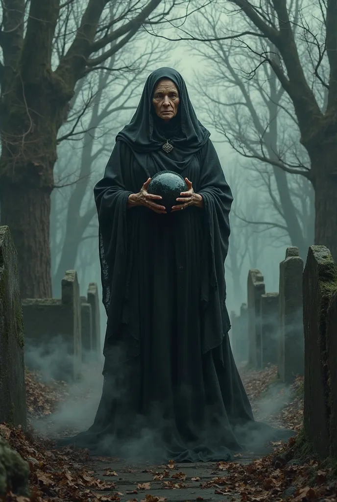 elderly witch woman at the cemetery holding a round black crystal 