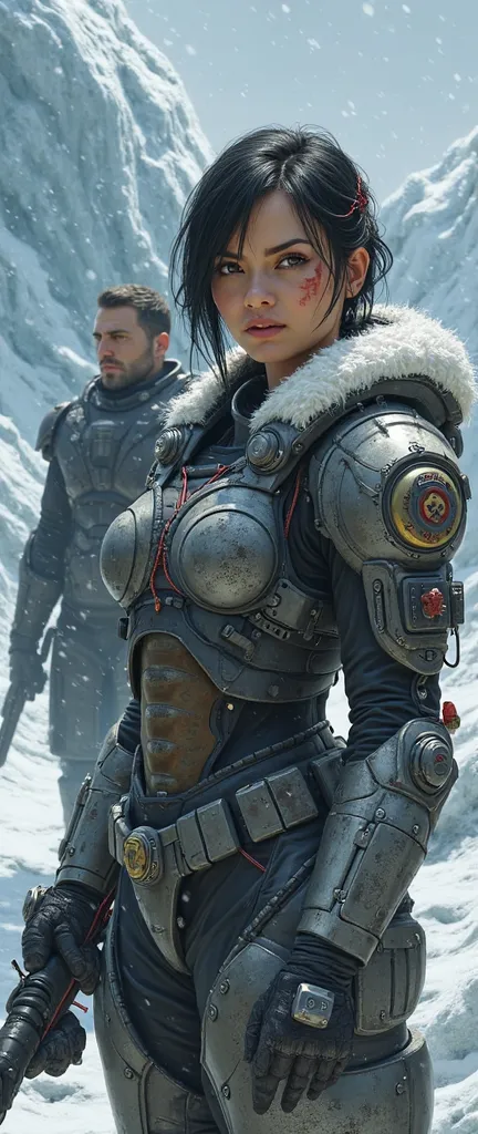 Create a hyper-realistic illustration inspired by Gears 5, featuring two armored warriors in a harsh, frozen environment. The main character is Kait Diaz, a woman with determined features, an intense gaze, and a scar on her left cheek. She has short black ...