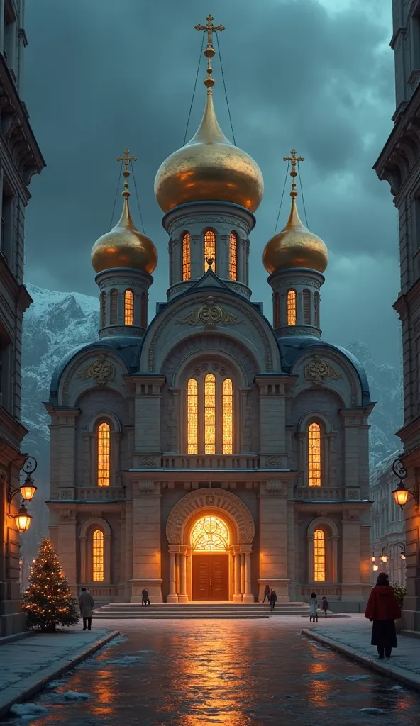 "A grand Orthodox church with golden domes and intricate designs, standing out in a gloomy city, its warm light shining through the stained glass windows, a soft glow illuminating the entrance, creating a contrast between the dark, cold city and the sacred...