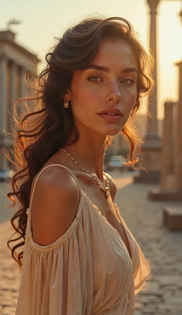 A timeless, elegant woman embodying the spirit of Rome. Her wavy dark brown or golden chestnut hair flows like the sunset over ancient ruins. Her deep olive-green or rich brown eyes hold centuries of history and passion. She wears a classic, well-tailored ...