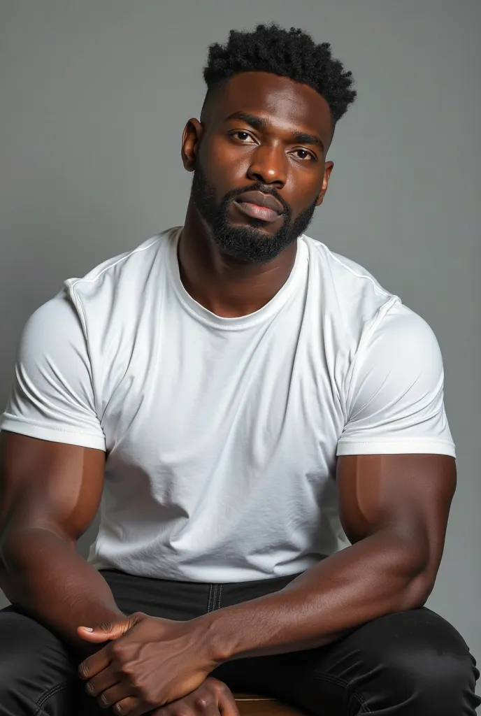 Black man in white T-shirt sitting on a seat in the photo studio with the gray background hyperrealistic photo, cet à l'air d'un entrepreneur 