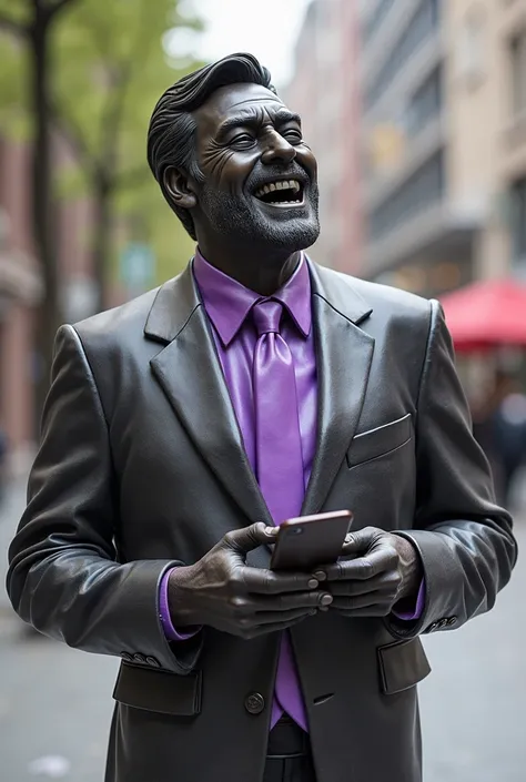 GREGABRANCA STATUE DRESSED IN A BLACK SUIT WITH PURPLE DETAILS HOLDING A CELL PHONE AND LAUGHING
