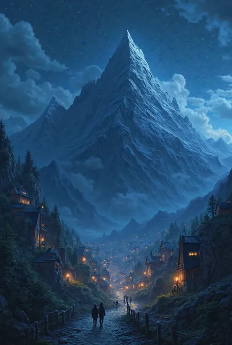 Fantasy mountain at night.mountain has houses and lighs people walking