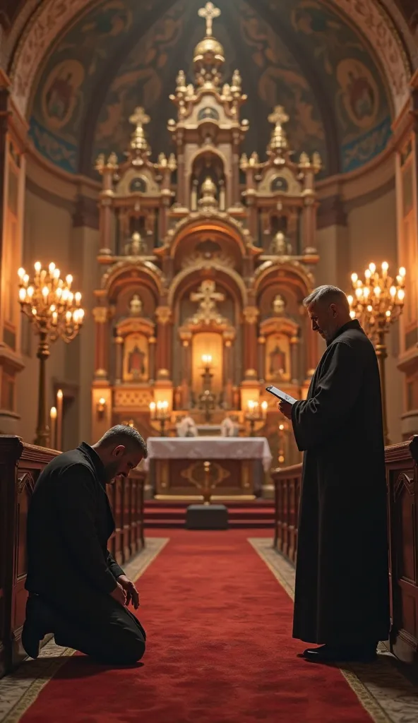 A humble civilian, dressed in a dark coat, kneeling with his head bowed in deep repentance before an Orthodox priest inside a grand, candle-lit church. The priest, middle-aged, with a short beard, wearing a black cassock and a silver cross, stands solemnly...