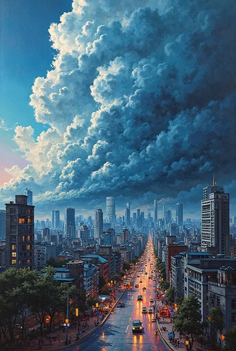 Using T Nakane's painting techniques, create a painting depicting storm clouds arriving in the city of Taubaté in the State of São Paulo