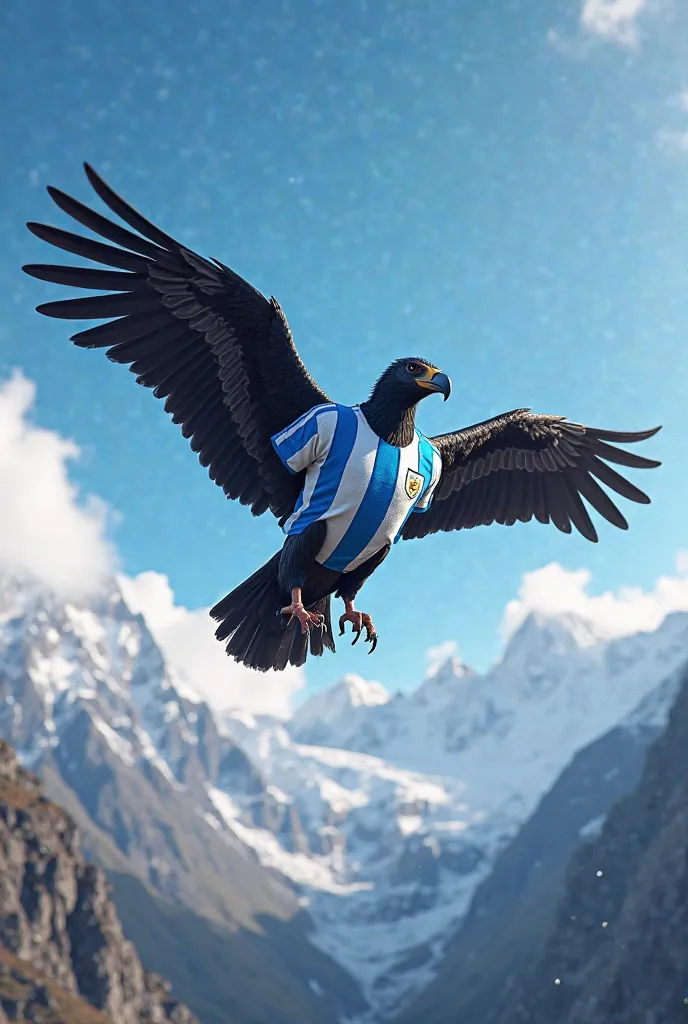 Make an image of a condor wearing a soccer jersey from the Argentine national team 