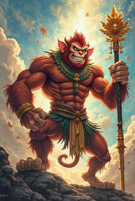 Create me an image of Sun Wukong from Chinese mythology , In the style of the video game Cuphead , yet imposing and challenging