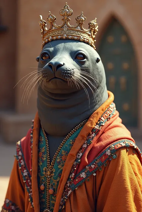 His seal wears a crown on her head and wears traditional Moroccan clothes.