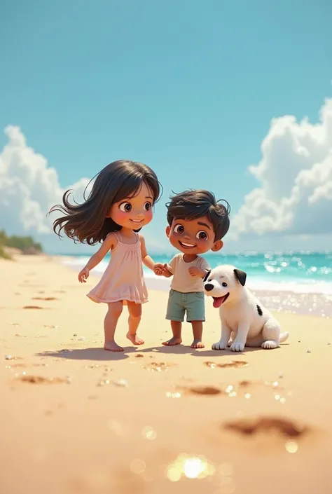 3D image of two brothers, a  girl with white skin and dark hair and a three-year-old dark-skinned boy playing on the beach together with a white dog with black spots. 