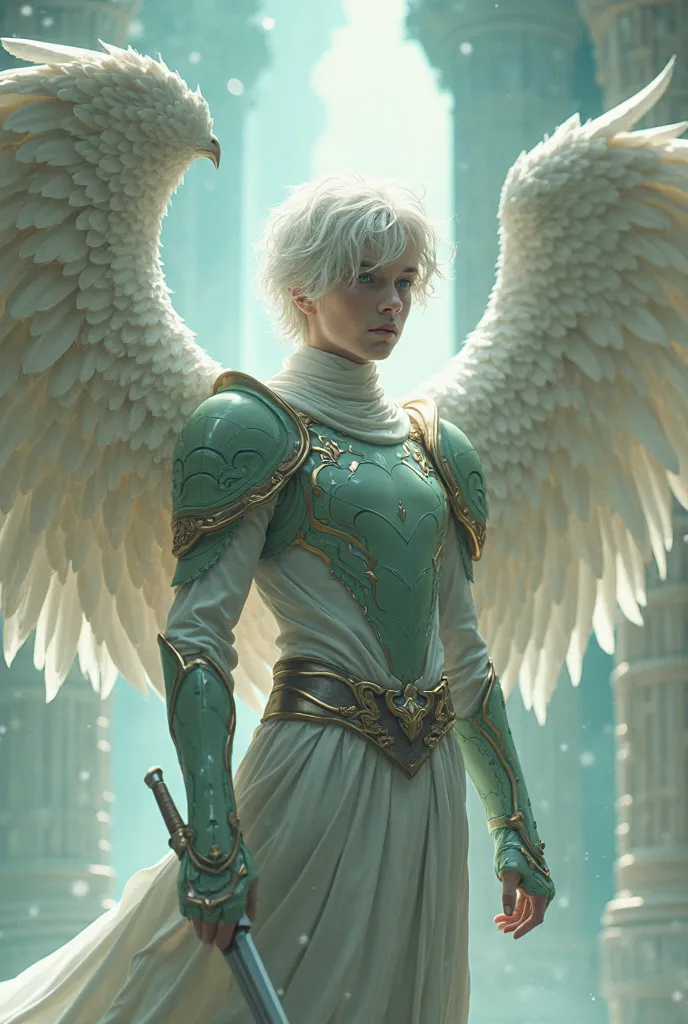  Masterpiece , top quality ,Full body 8k photo , super realistic, There are several boys , white skin, With 4 wings huge wings full of feathers , blue eyes , light green armor, holding a sword, scenario from the fantasy Celestial City ,  short white hair s...