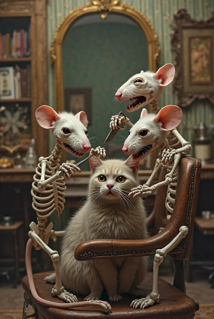 Al skeletal mice cutting a cat's hair in a barbershop