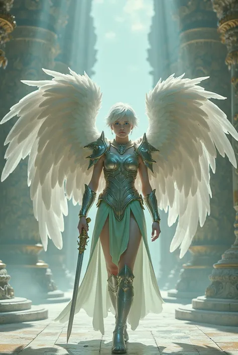  Masterpiece , top quality ,Full body 8k photo , super realistic, There are several boys , white skin, With 4 wings huge wings full of feathers , blue eyes , light green armor, holding a sword, scenario from the fantasy Celestial City ,  short white hair s...