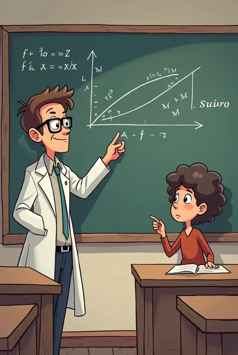 I would like to create the following comic themed: 
Scene: A math classroom.
📌  characters: Professor Euler (mayor, with glasses and white coat), Sofia (short hair) y leo (curly hair).
- Sofia (with a doubtful face, raising his hand)
- Professor Euler (smi...