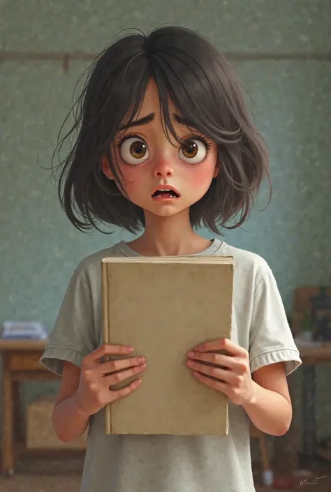 Frightened nervous girl showing a notebook 