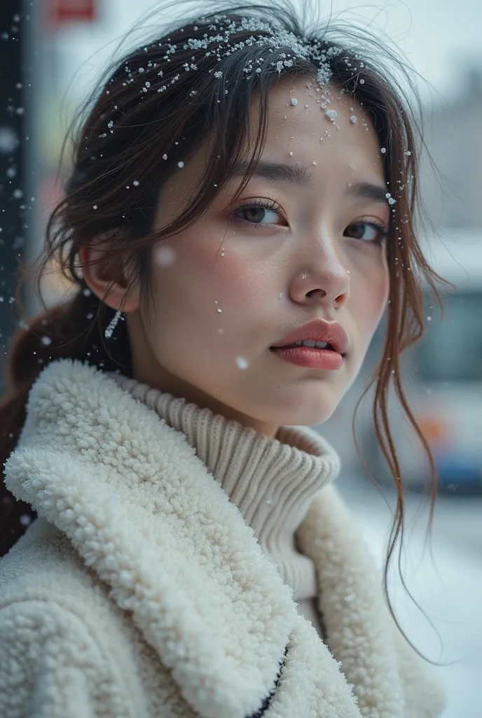 snow day　In front of the bus stop　Beauty　woman　Face close-up　White coat　Tears　Crying quietly　Natural Makeup　I can see the cafe　The face is hidden by hair　turn up one&#39;s coat collar　

