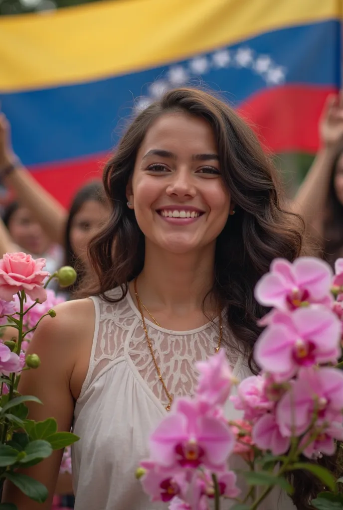 high quality, a juvenile woman surrounded by a group of adult adolescent girls celebrating the fight for International Women's Day, surrounded by flowers, orchids and roses with pastel colors and in the background the Venezuelan flag with its Venezuelan tr...